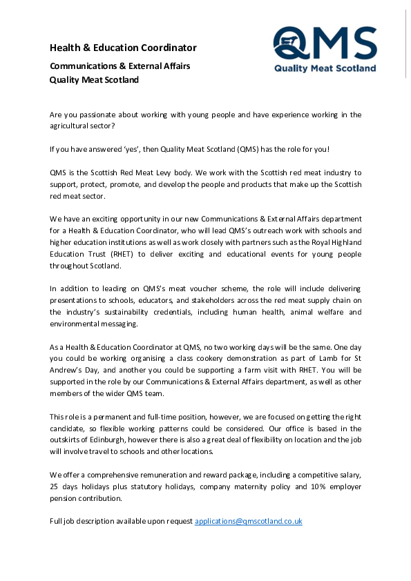 QMS Job Advert Health and Education Co ordinator