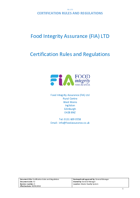 Food Integrity Assurance Certification Rules and Regulations