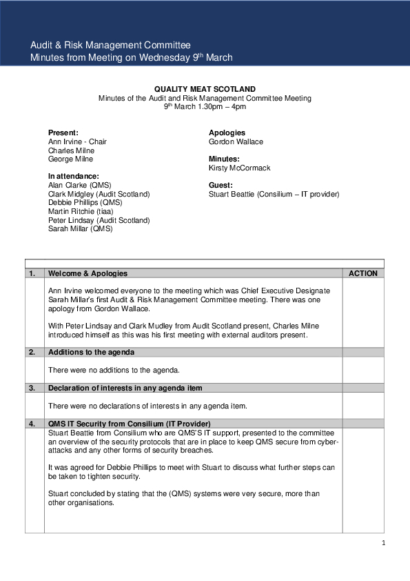 QMS Audit Risk Management Committee Meeting 9th March 2022 Minutes