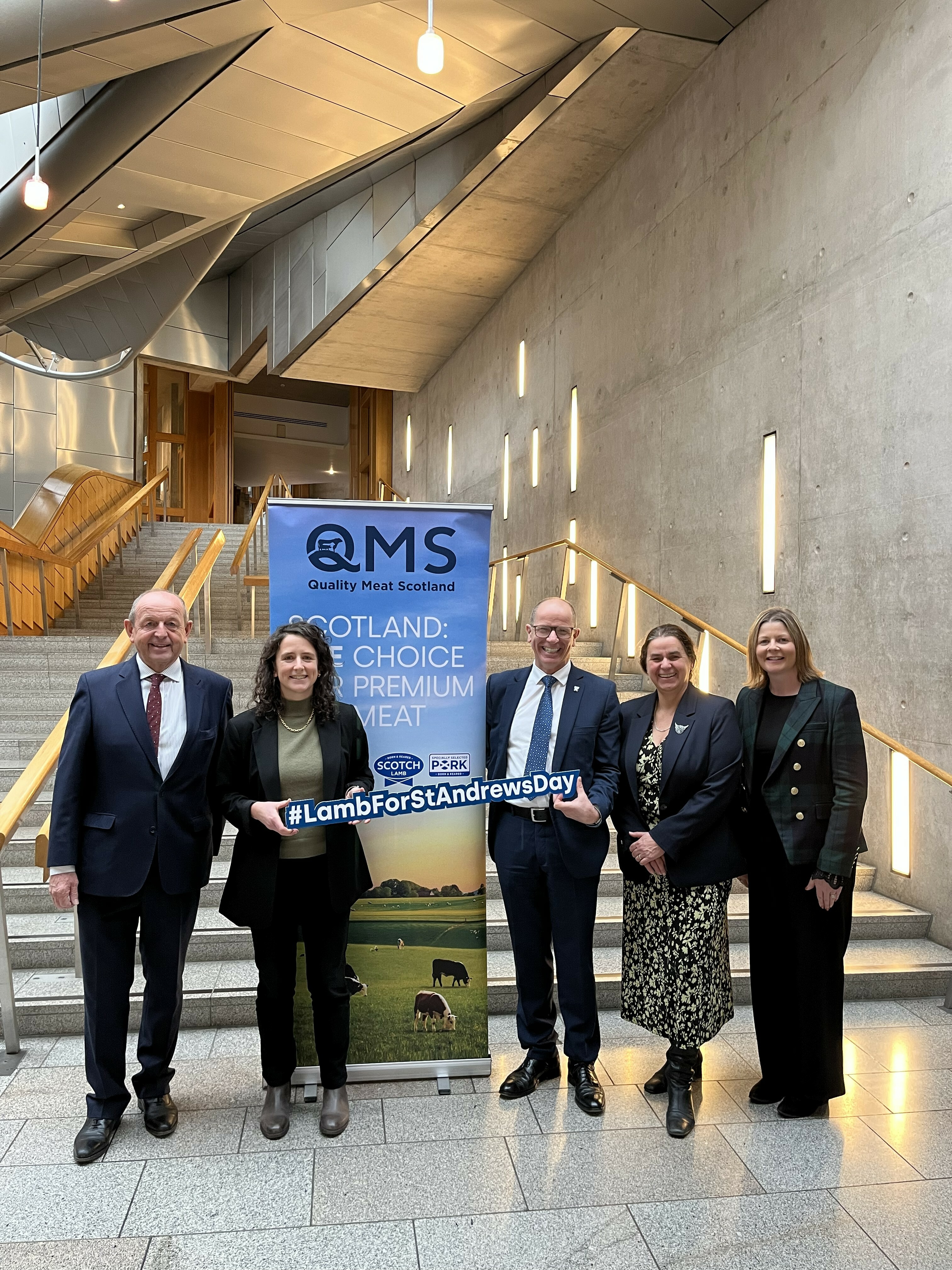 George Purvis United Auctions Mairi Gougeon Cabinet Secretary for Rural Affairs Jim Fairlie Minister for Agriculture and Connectivity Kate Rowell Chair of QMS and Judith Murray United Auctions Executive Assistant