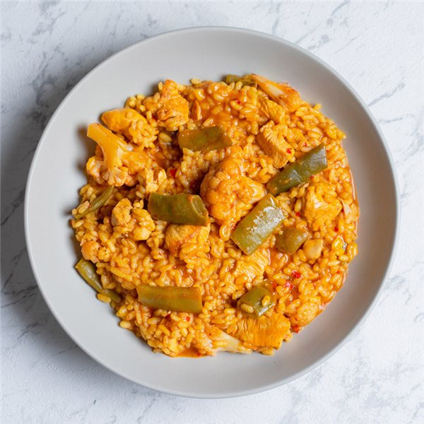 Arroz de pollo, judía y coliflor-lateral