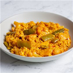 Arroz de pollo, judía y coliflor
