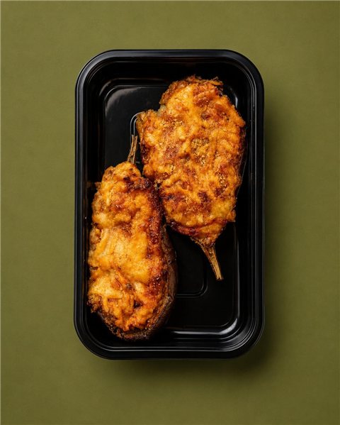 Berenjenas rellenas de pollo de corral al mole poblano-lateral