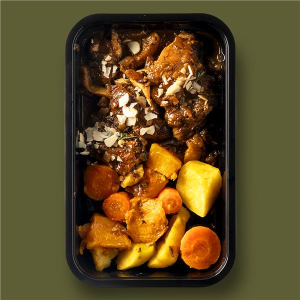 Contras de pollo de corral deshuesadas a la Catalana con vegetales asados-lateral