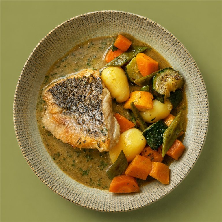 Corvina al mojo verde Canario con hortalizas al horno
