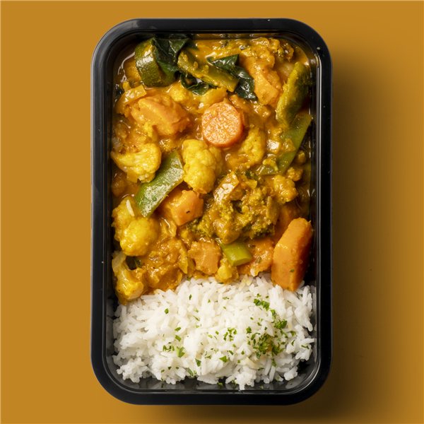 Curry amarillo Tailandés de verduras ecológicas con arroz jazmín-detalle