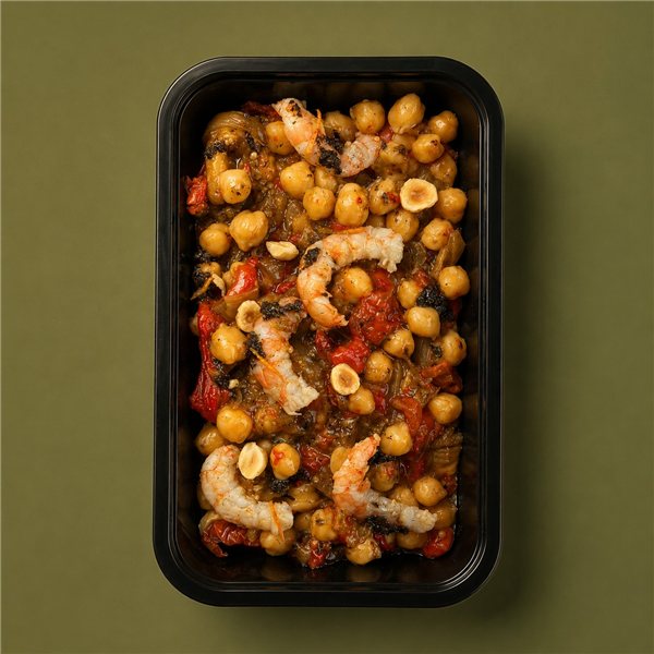 Ensalada de garbanzos con escalivada, langostinos y vinagreta de olivada y avellana-lateral