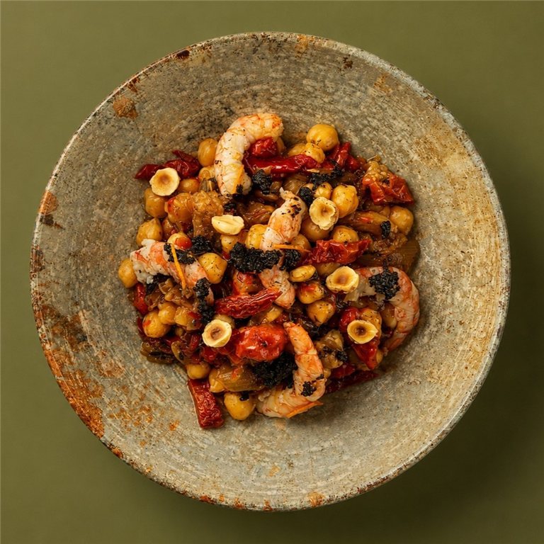 Ensalada de garbanzos con escalivada, langostinos y vinagreta de olivada y avellana