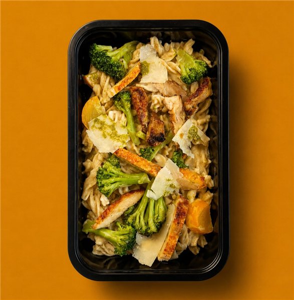 Ensalada de pasta "Cesar" con pollo crujiente, brócoli, verduras y pesto verde-lateral