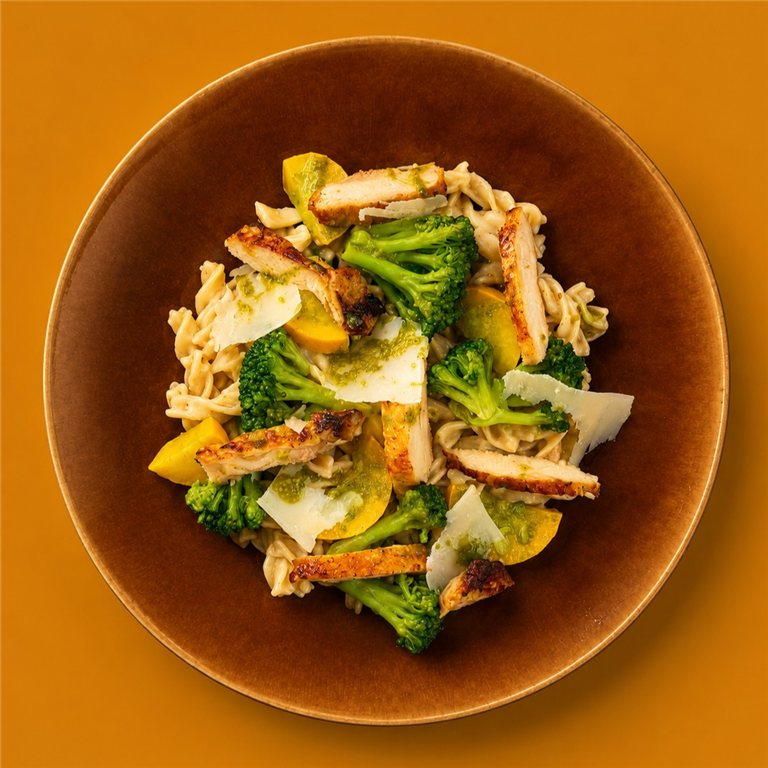 Ensalada de pasta "Cesar" con pollo crujiente, brócoli, verduras y pesto verde