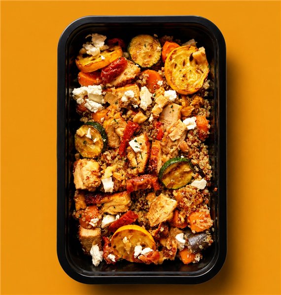 Ensalada de quinoa tricolor, pollo marinado, verduras asadas, queso feta, hierbas y nueces-lateral