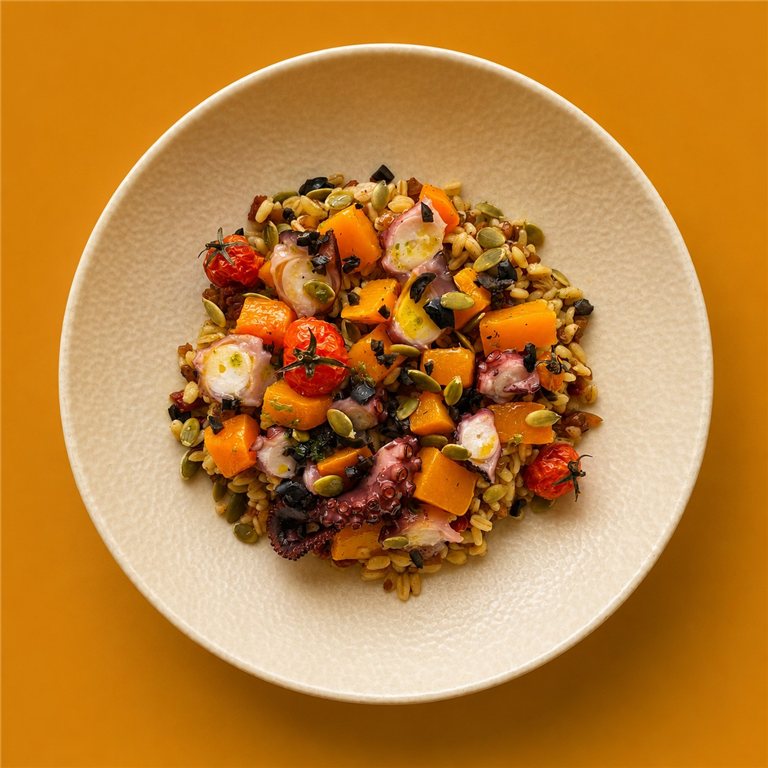 Ensalada de trigo tierno, calabaza asada y pulpo