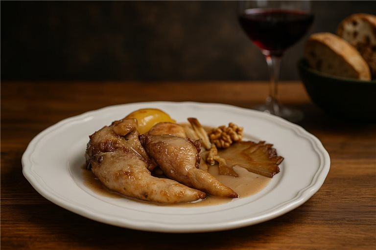 Estofado de perdiz con peras, nueces y fondo de setas en marmita