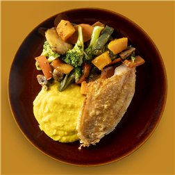 Gallineta al horno, parmentier de boniato y verduras ecológicas asadas