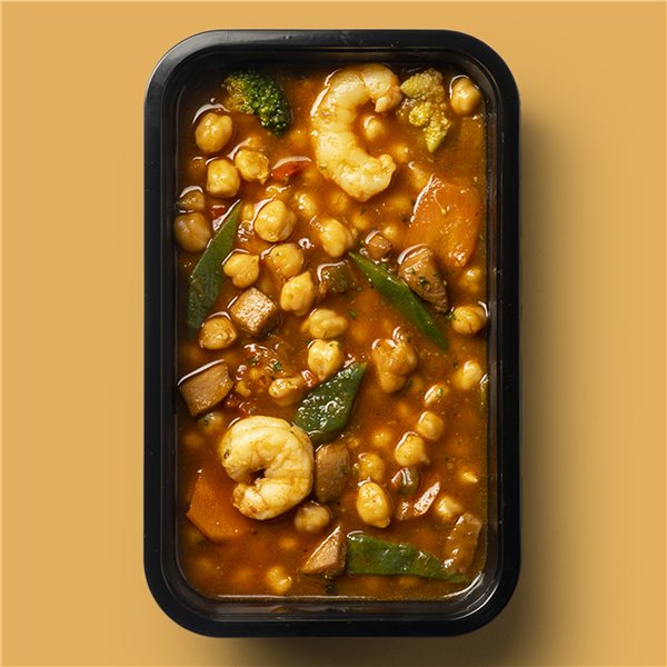 Garbanzos a la marinera con sepia, gambas y verduritas-lateral