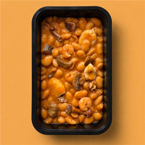 Judiones con setas, langostinos y chipirones-lateral