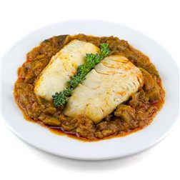 Merluza al horno con pisto