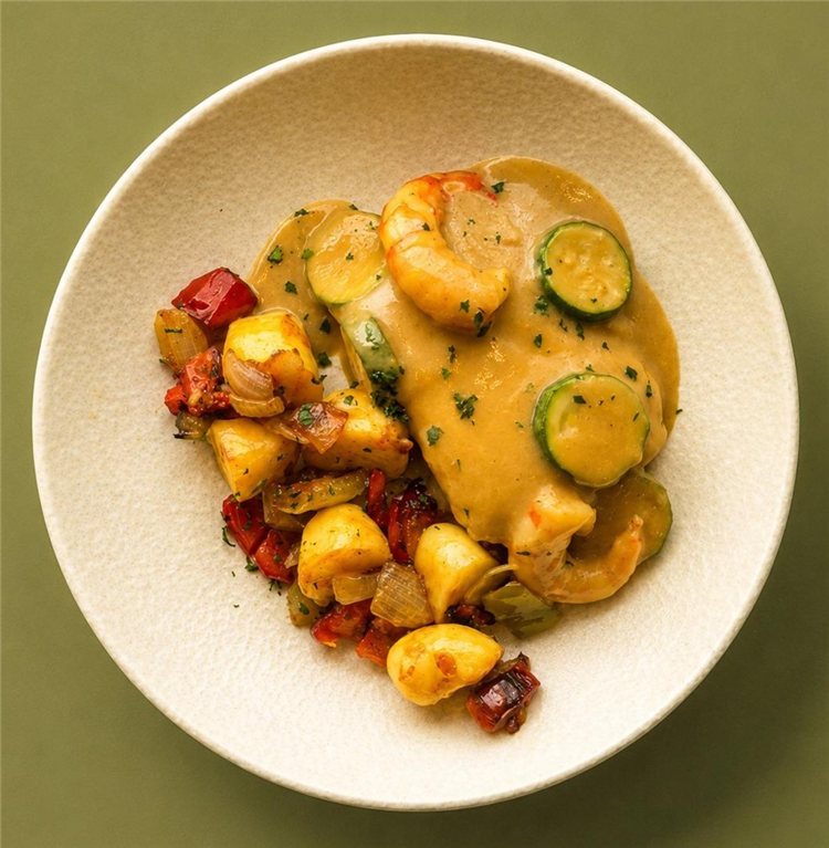 Merluza en salsa al cava, con langostinos y panaderas