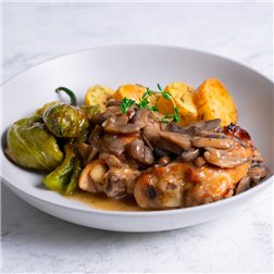 Pollo asado a la sidra con champiñones