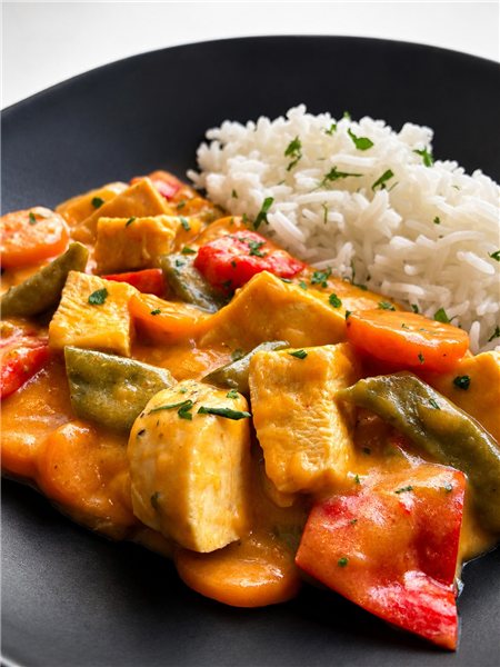 Pollo de corral al curry amarillo con verduras y arroz jazmín-detalle