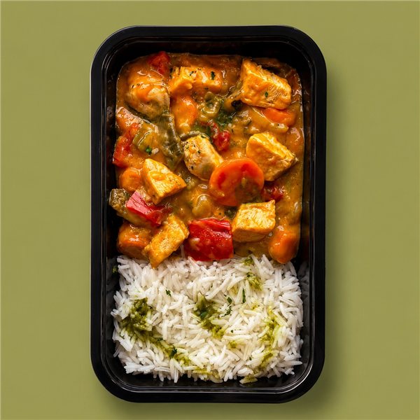 Pollo de corral al curry amarillo con verduras y arroz jazmín-lateral