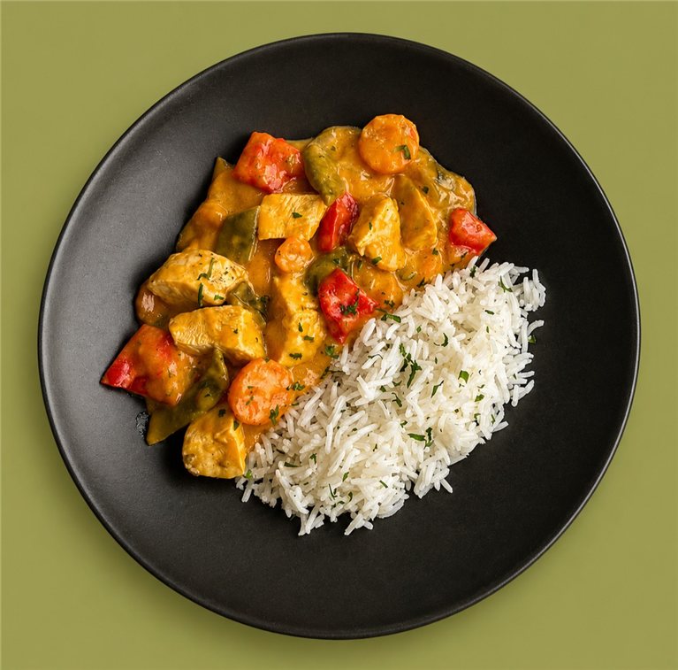 Pollo de corral al curry amarillo con verduras y arroz jazmín