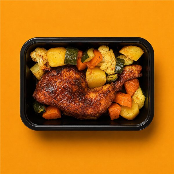 Pollo de corral asado a la Peruana con vegetales al horno-lateral
