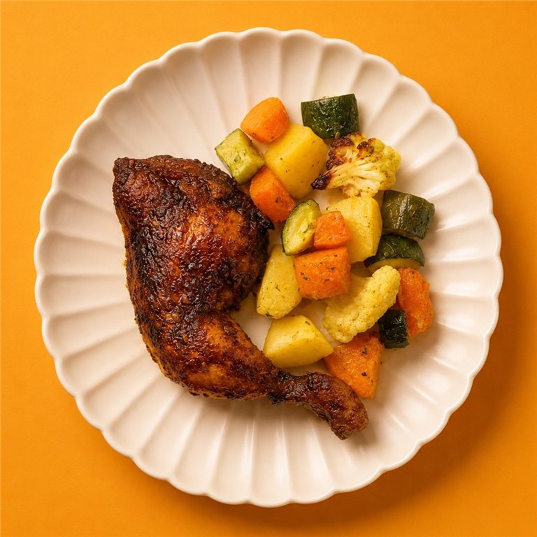 Pollo de corral asado a la Peruana con vegetales al horno
