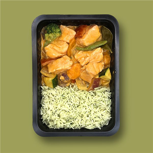 Salmón en curry rojo Thai con verduras y arroz jazmín-detalle