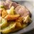 Solomillo de cerdo asado, patatas al horno y salsa de verduras-detalle