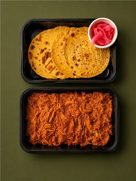 Tacos de cochinita pibil (guiso, tortillas, cebolla encurtida)-lateral