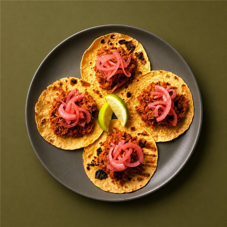 Tacos de cochinita pibil (guiso, tortillas, cebolla encurtida)