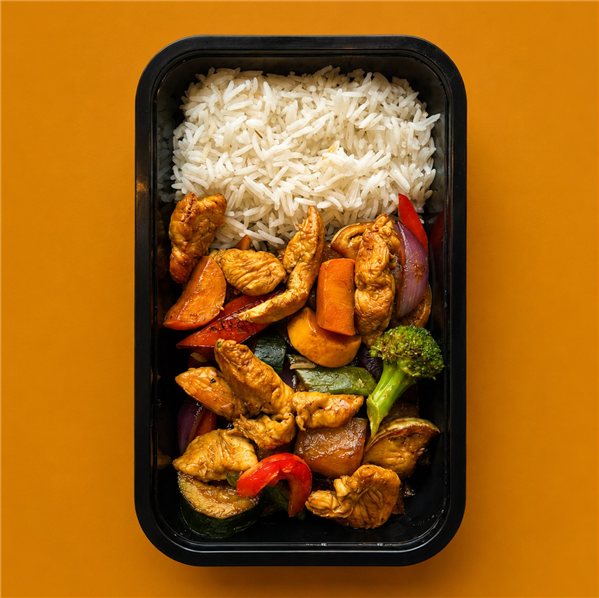 Wok de pavo con verduras ecológicas y arroz-detalle