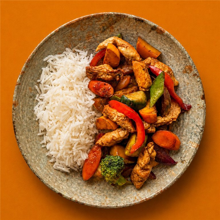 Wok de pavo con verduras ecológicas y arroz