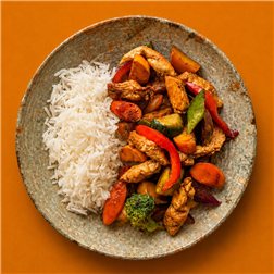 Wok de secreto ibérico con verduras eco y arroz