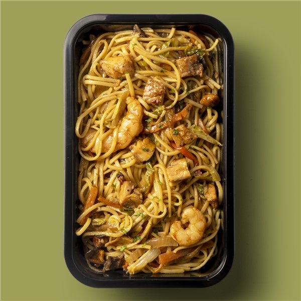 Yakisoba de verduras, pollo marinado y gambas-lateral