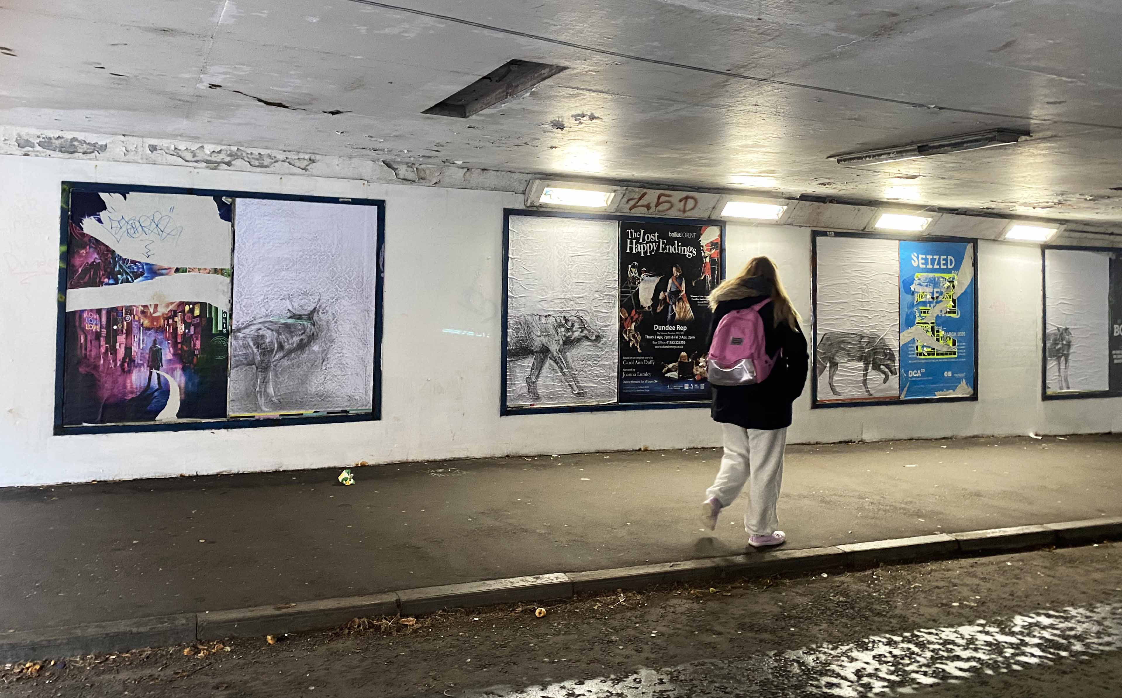 Installation photo of 'Wolves in West Bell Street Car Park Underpass, Dundee'