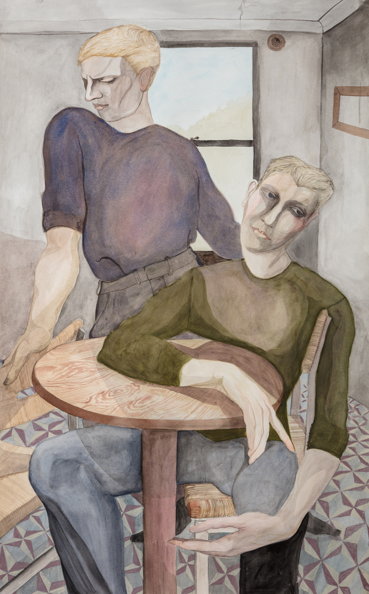 Two waiting figures at a table