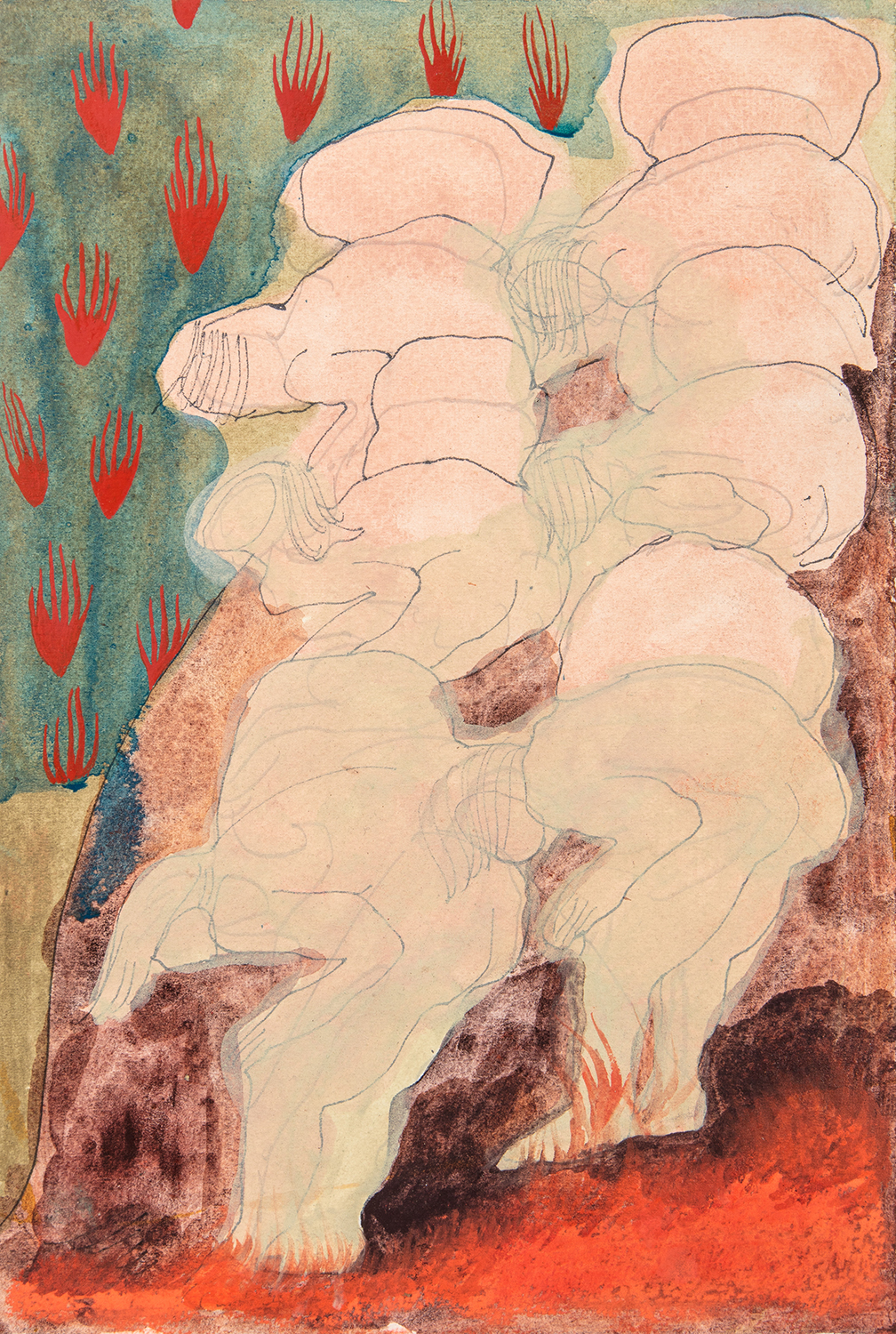 Untitled, Small figures hunched with flames