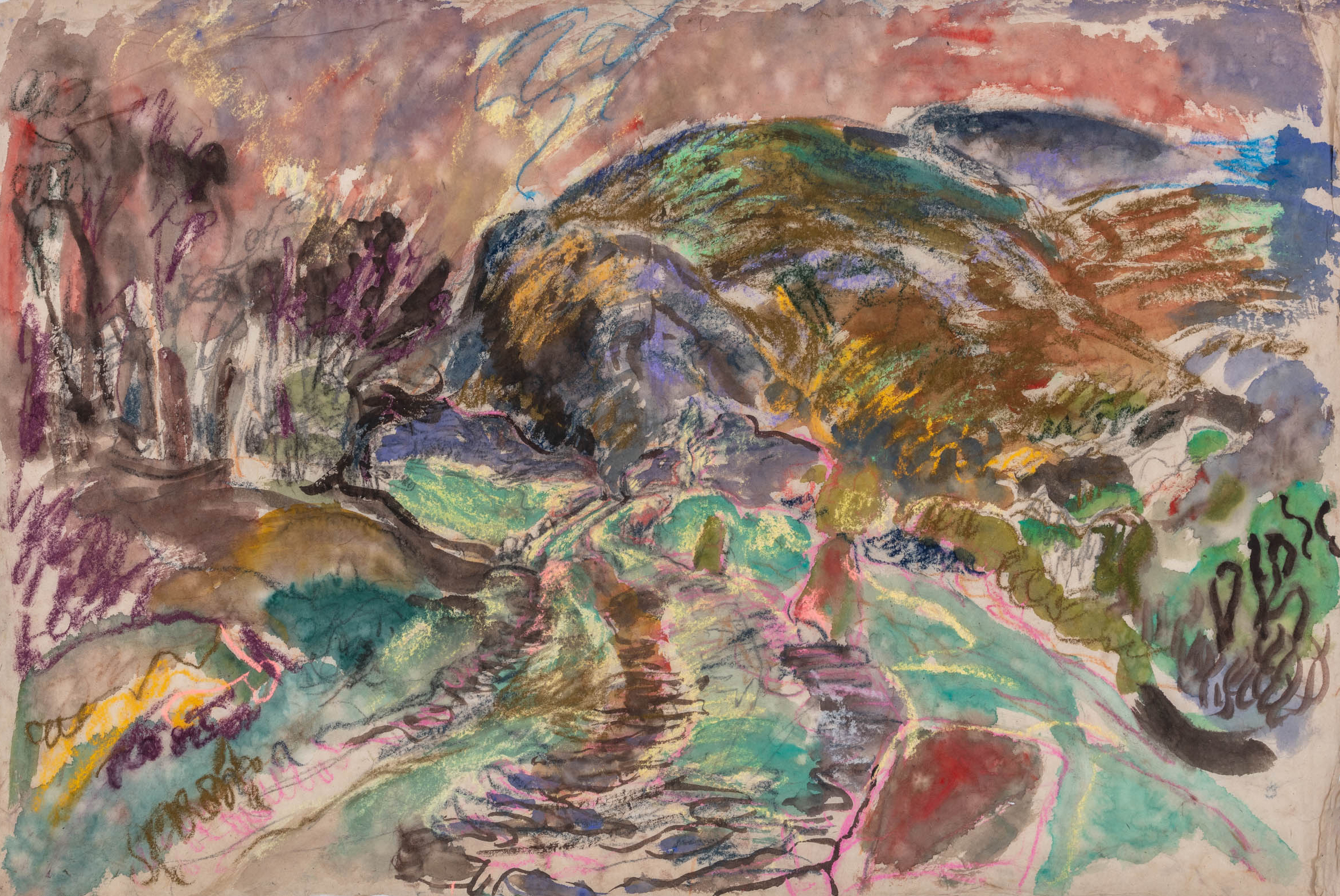 Old stone road through meadow