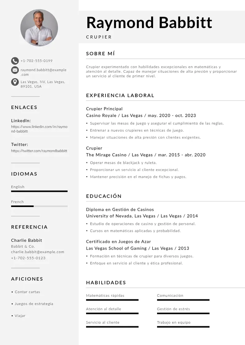 two column curriculum-de-crupier resume example
