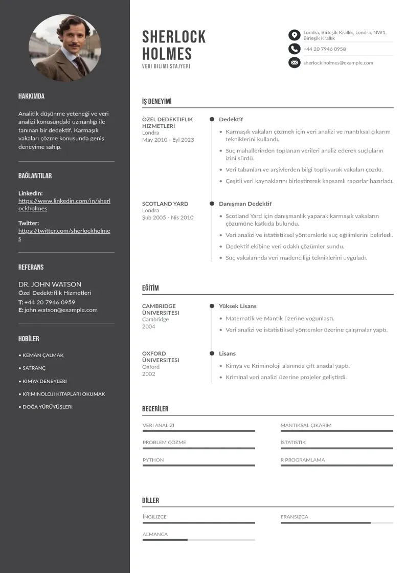 Divu kolonnu Veri Bilimi Stajyeri  CV piemērs