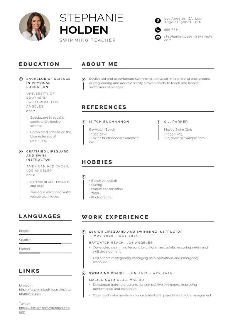 professional Swimming teacher resume resume template