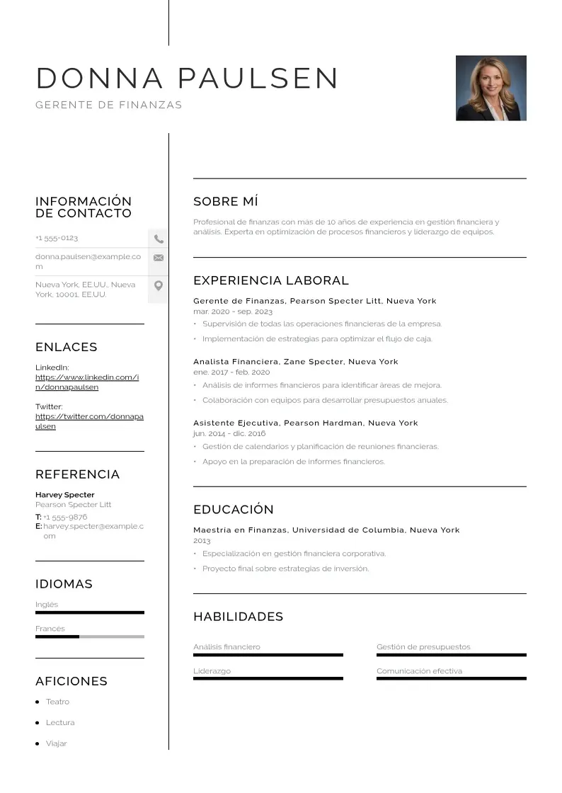 two column cv-gerente-de-finanzas resume example