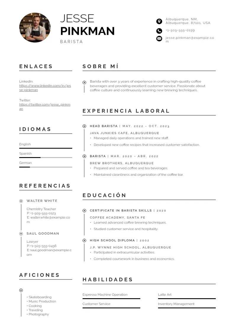 two column cv-barista resume example