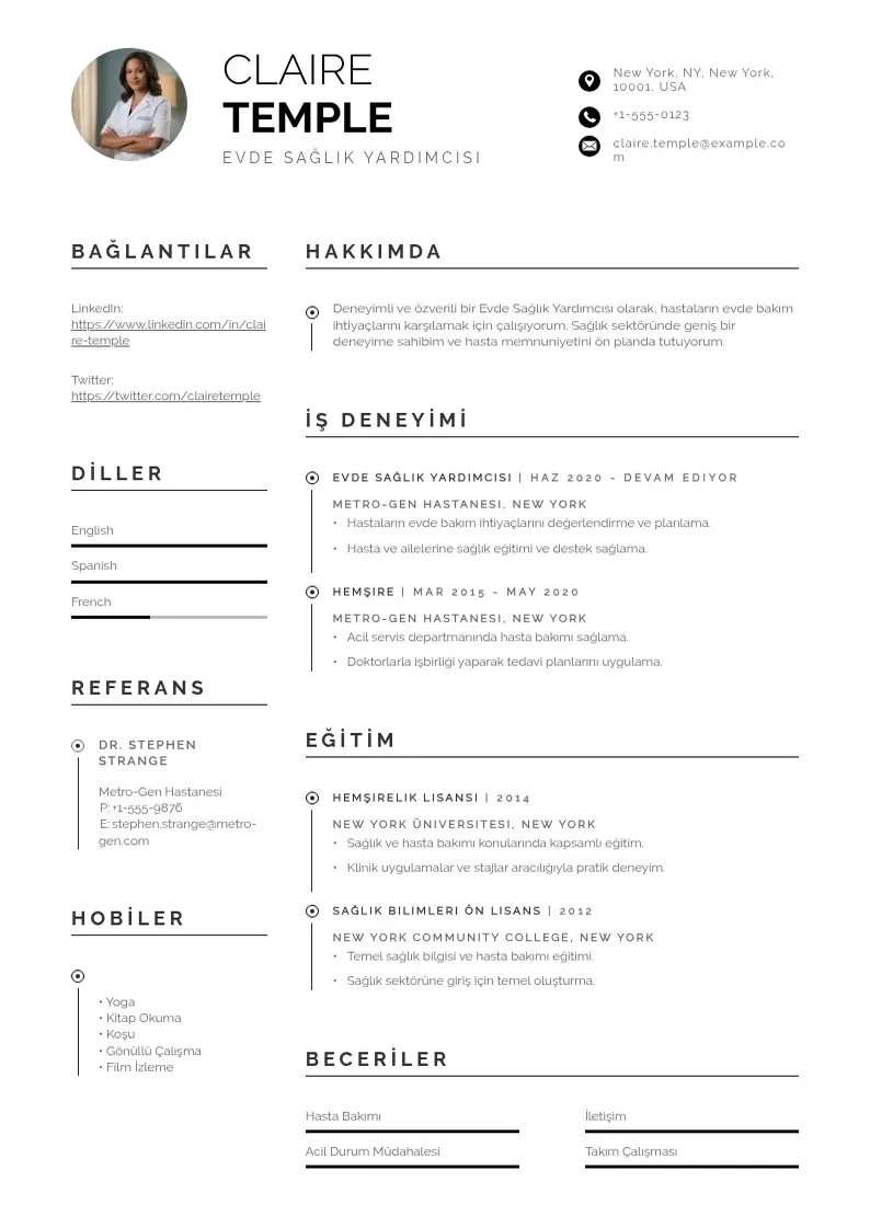Profesionāla Evde Sağlık Yardımcısı  CV veidne