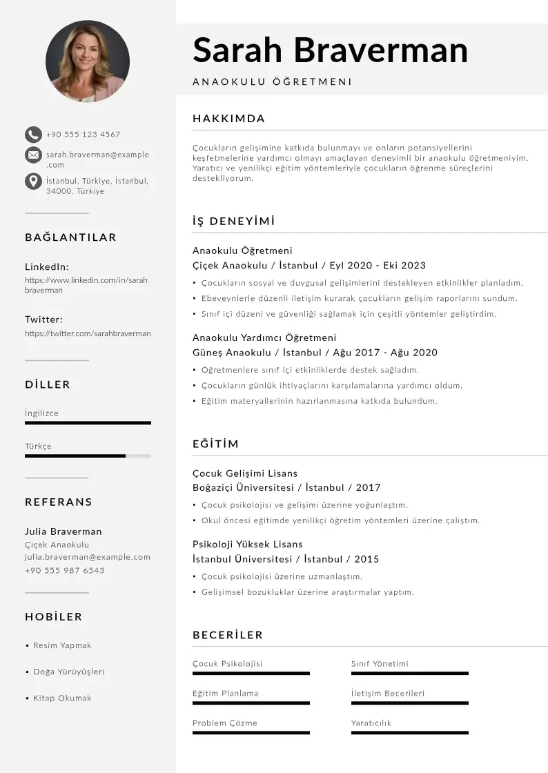 Mūsdienīga Anaokulu ogretmeni CV veidne