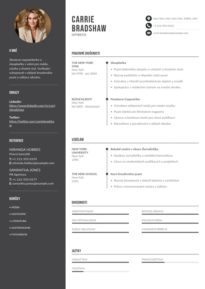 Divu kolonnu Zivotopis copywriter CV piemērs