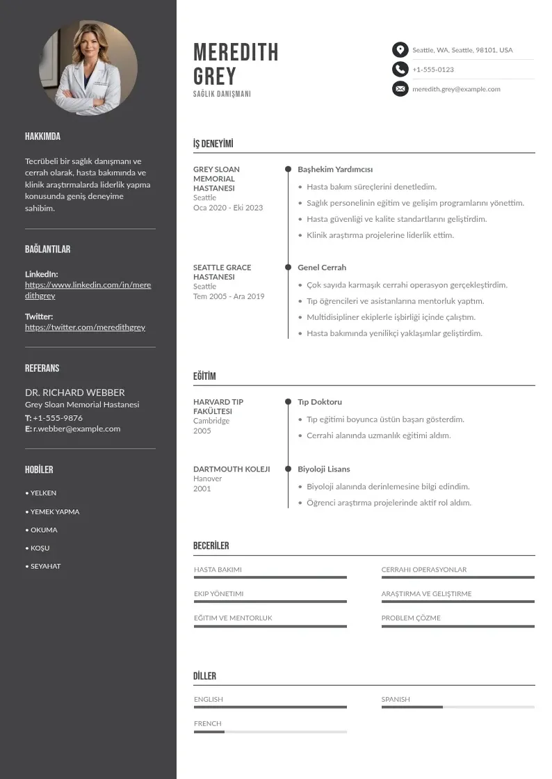 Divu kolonnu Sağlık Danışmanı  CV piemērs