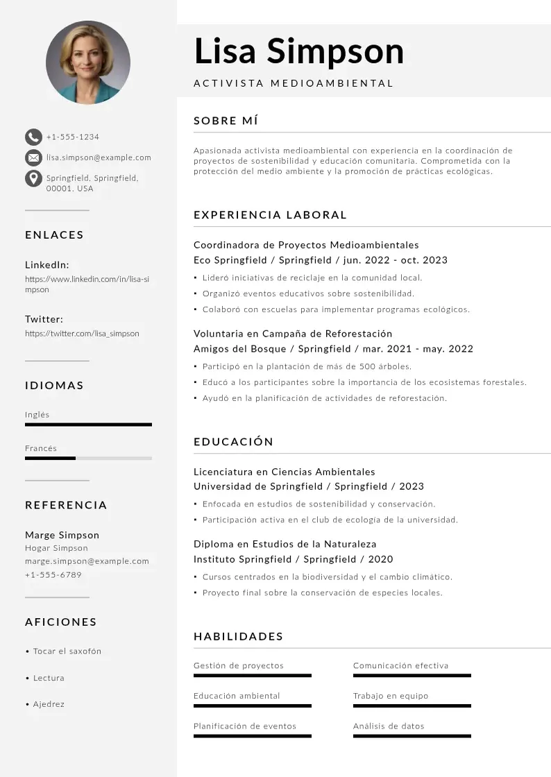 two column activista-medioambiental resume example